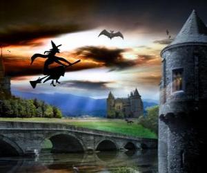 пазл Заколдованный замок в ночь Хэллоуина с ведьм летать на метле волшебный